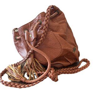 Roxy Brown Leather Braided Handle Bucket Drawstring Closure Shoulder Bag-Read!